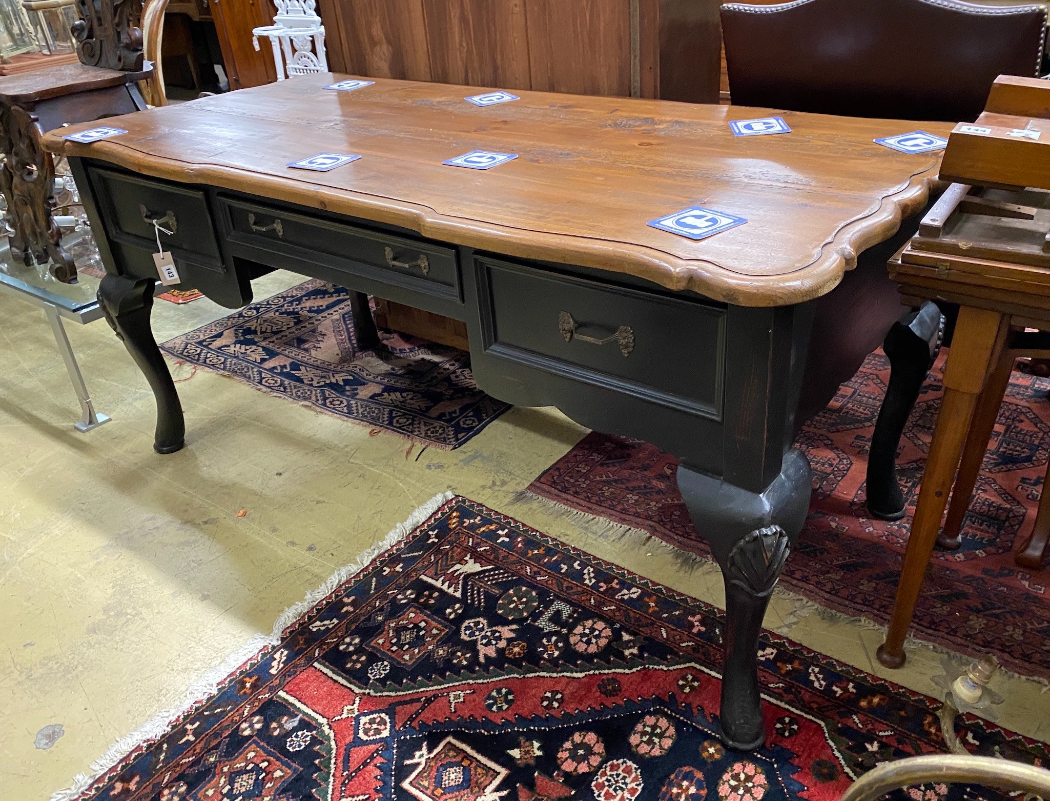 An 18th century style French provincial part painted pine kneehole writing table, width 170cm, depth 80cm, height 79cm